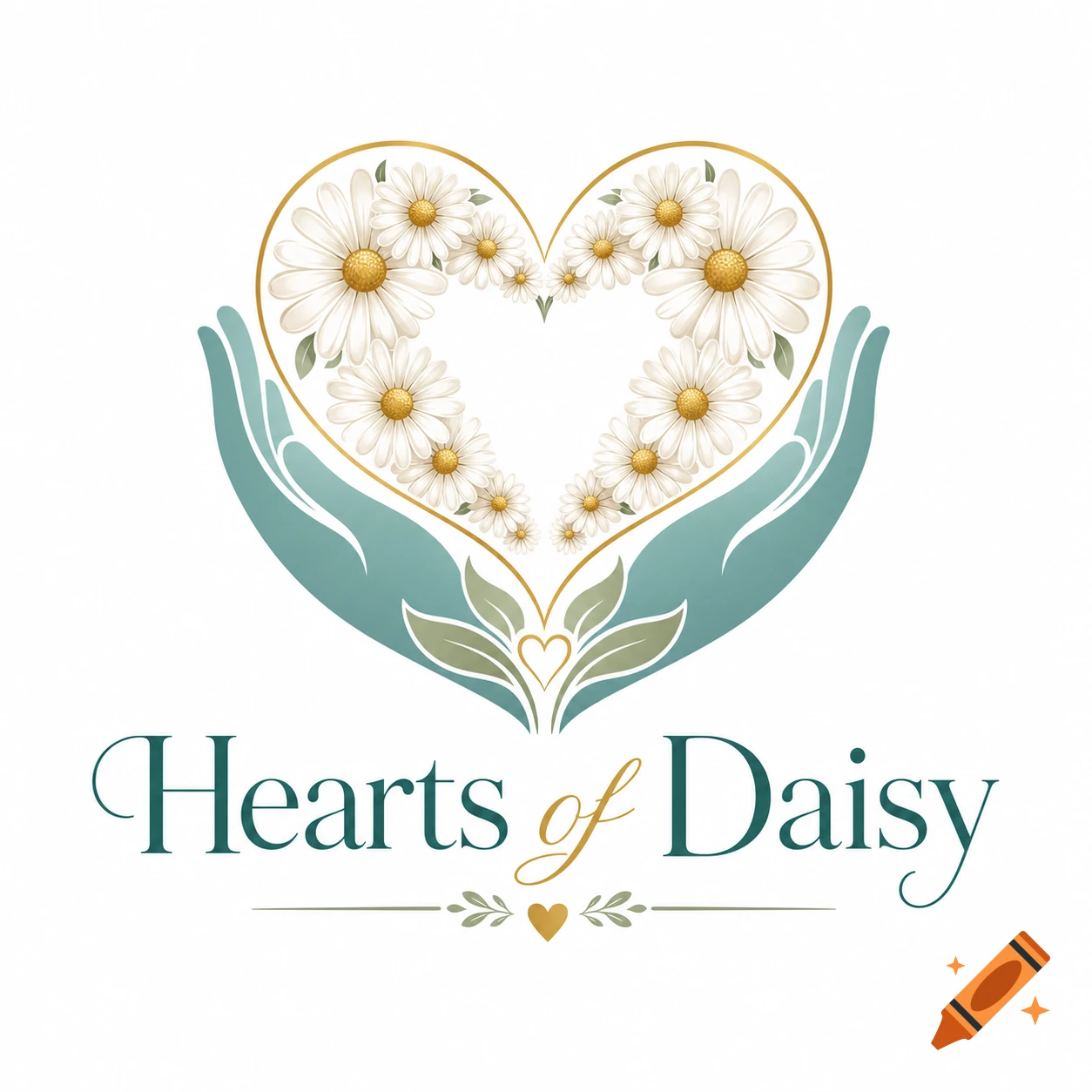 Vector logo of two teal hands cradling a heart shape filled with white and gold daisies, with the text 'Hearts of Daisy' below.