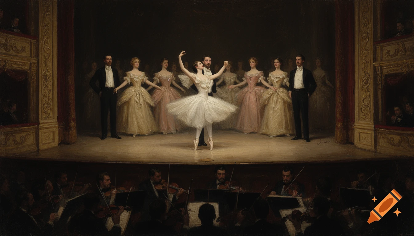 An oil painting depicts a ballet performance on stage with a central ballerina and dancers, an orchestra pit, and opera boxes.