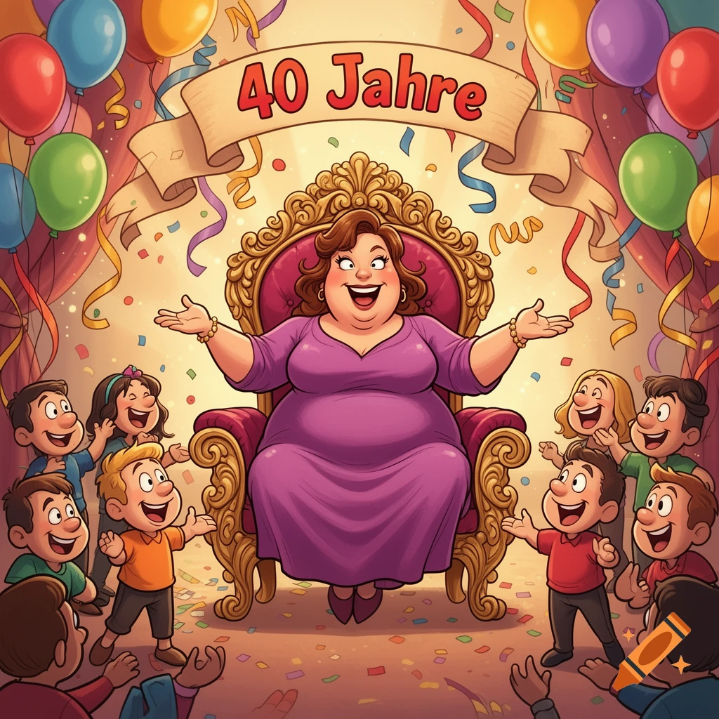 Cartoon of a cheerful woman on a golden throne, surrounded by smiling children, with balloons, confetti, and a banner that reads "40 Jahre" (40 Years).