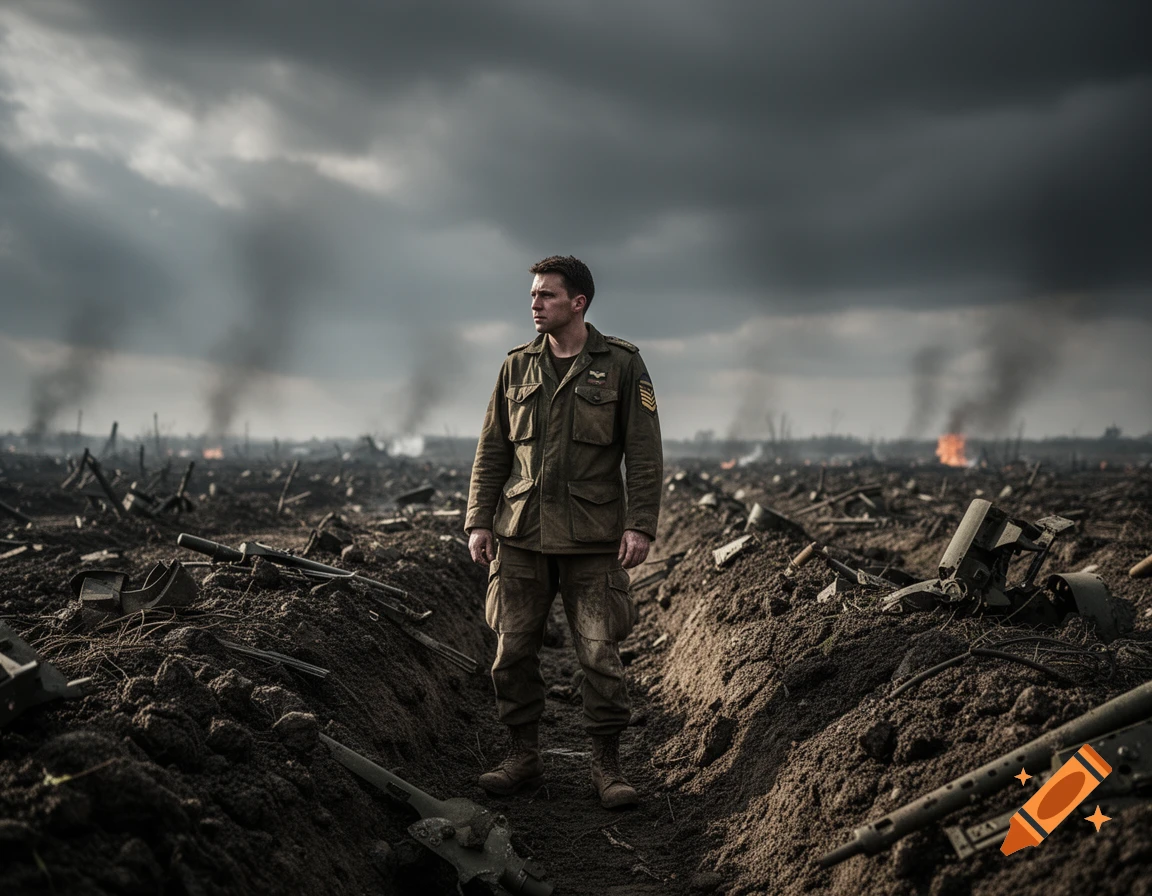 A lone soldier stands in a desolate, muddy, smoke-filled battlefield with destroyed machinery under a cloudy sky.