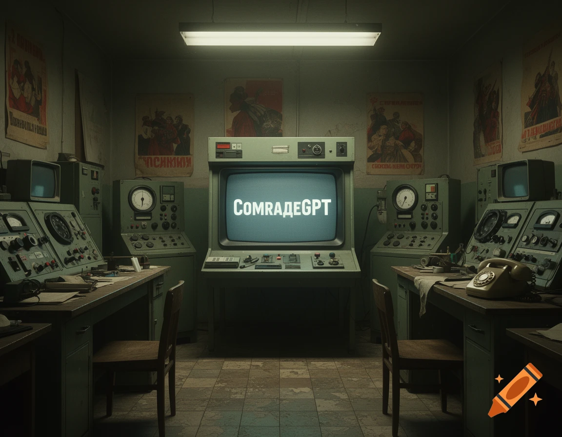 A dark, retro Soviet-style control room with old machines, dials, and a monitor displaying 'COMRADEGPT'. Propaganda posters adorn the walls.