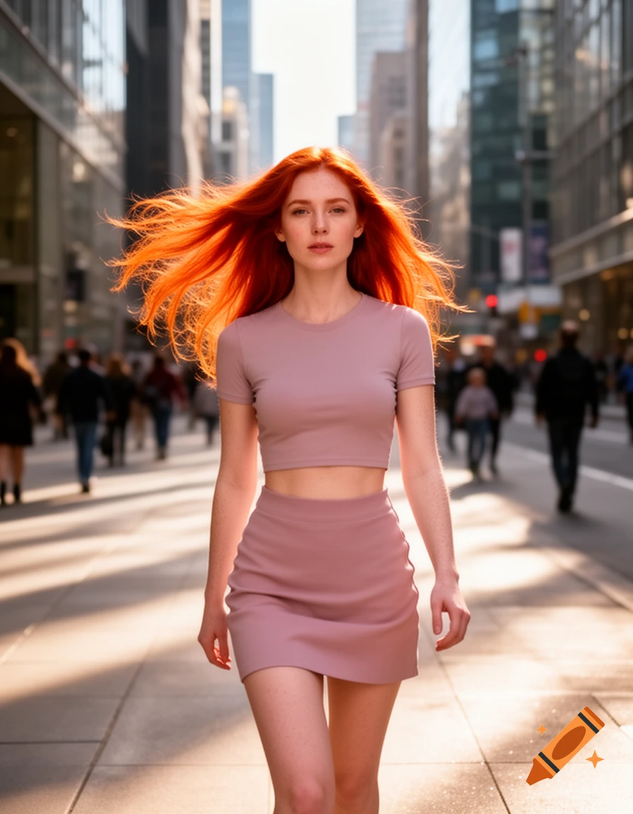 A photorealistic woman with fiery red hair blowing in the wind, wearing a crop top and short skirt, walking on a city street.