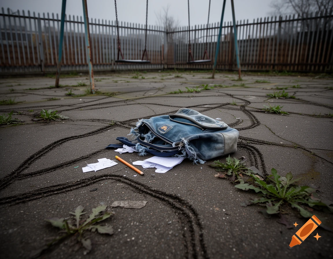 A torn blue denim backpack with scattered papers and a pencil lies on a wet, paved schoolyard with dirt tracks, a swing set in the background.