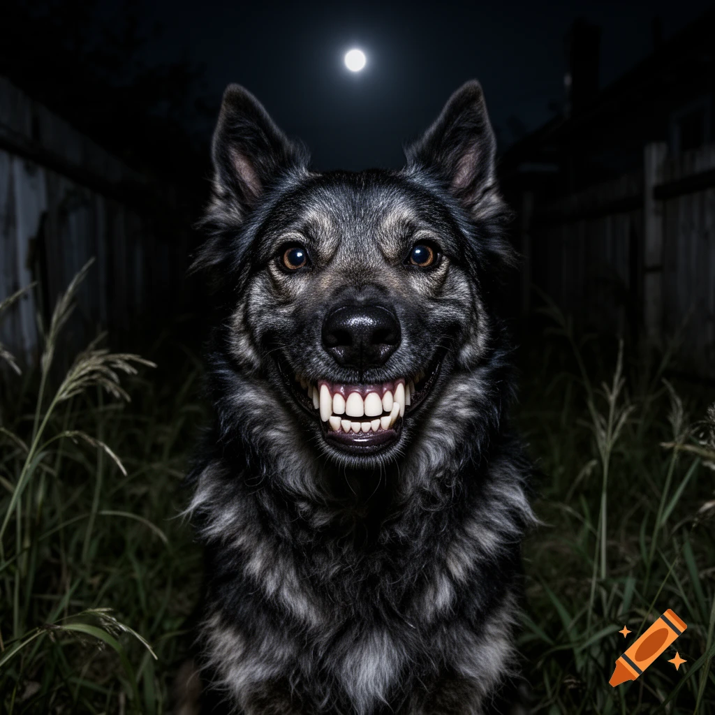 A creepy dog with human teeth smiles intensely at the viewer at night, illuminated by a full moon.