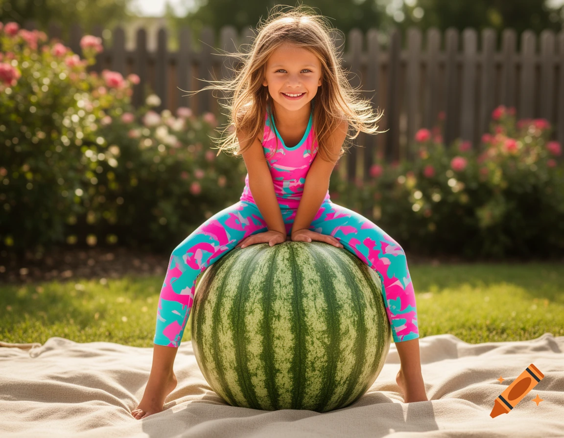 A smiling young girl in a pink and blue outfit sits on a large watermelon in a sunny garden.