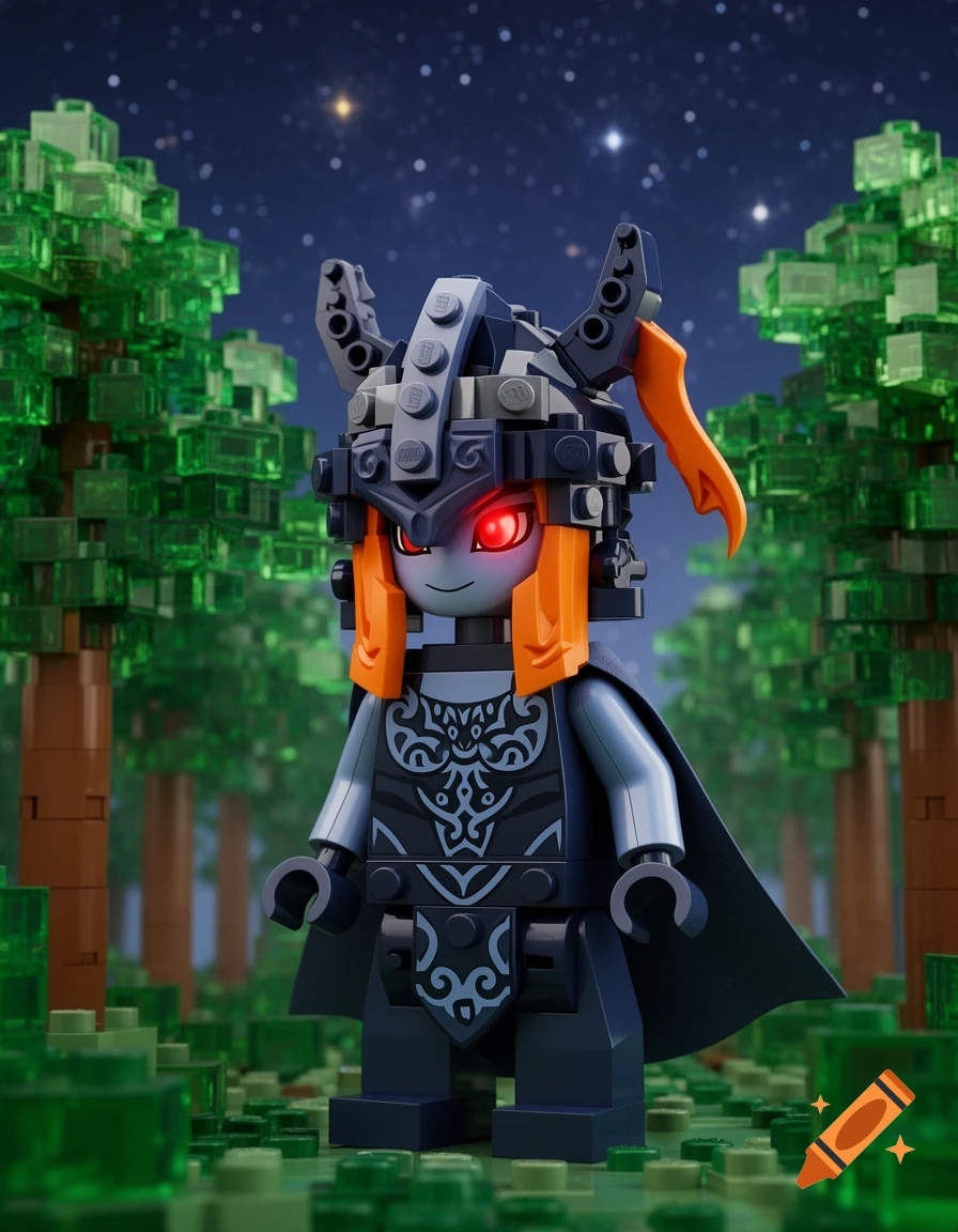 A detailed Lego figure of Midona with glowing red eyes stands in a lush green forest at night under a starry sky.