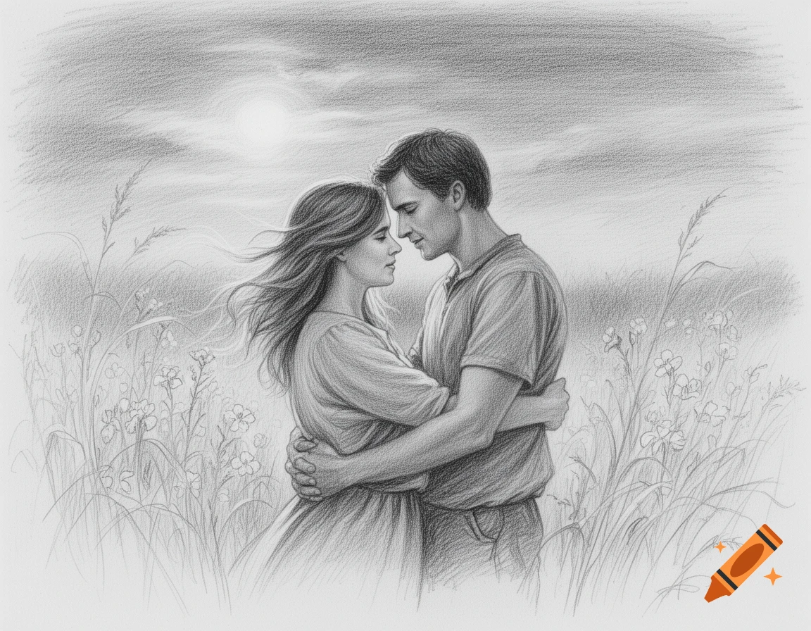 A black and white pencil drawing shows a couple embracing in a field under a setting sun, with flowers and grass in the foreground.
