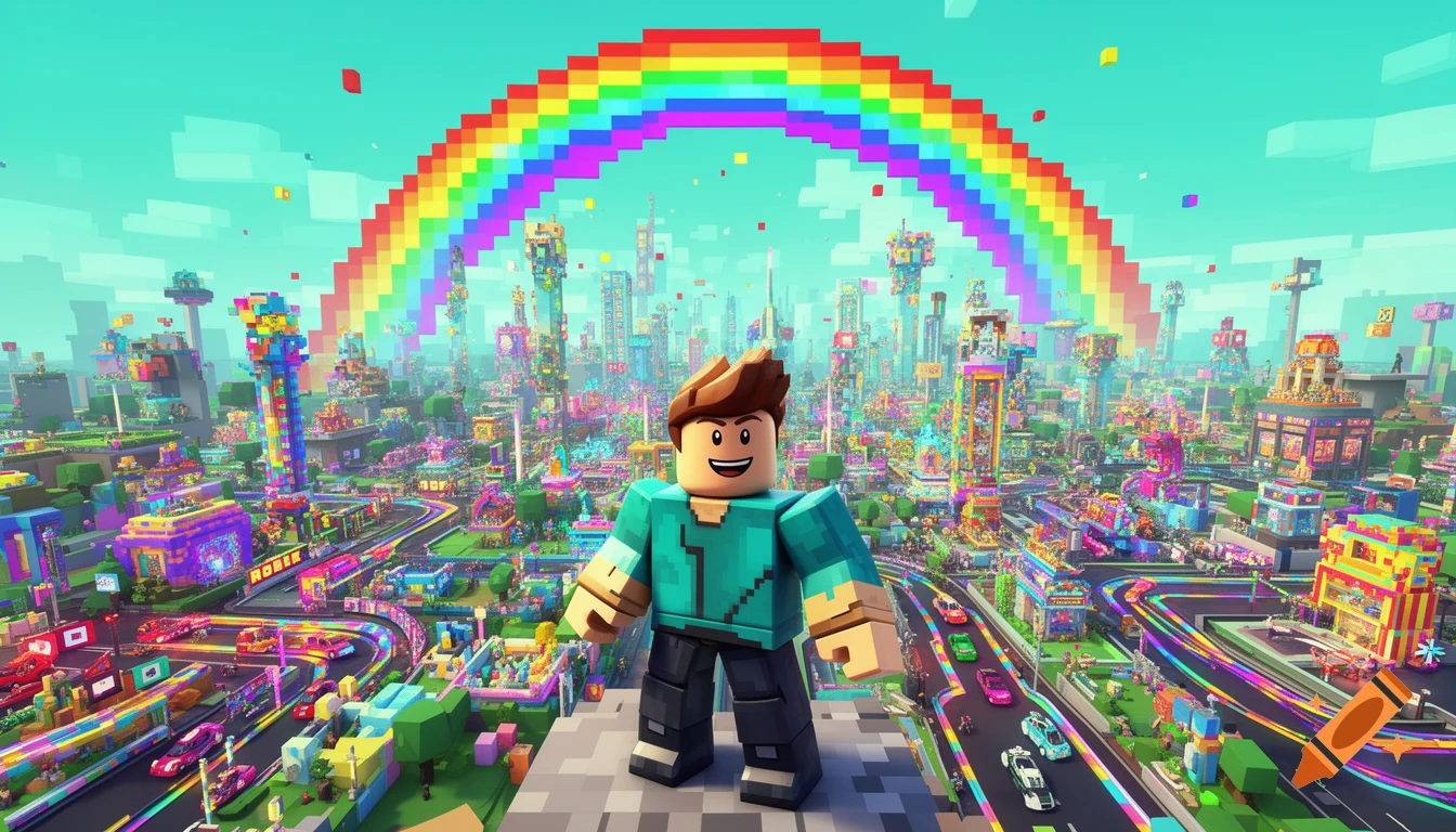 A Roblox-style character stands atop a platform, overlooking a vibrant, sprawling pixelated cityscape under a large rainbow arc.