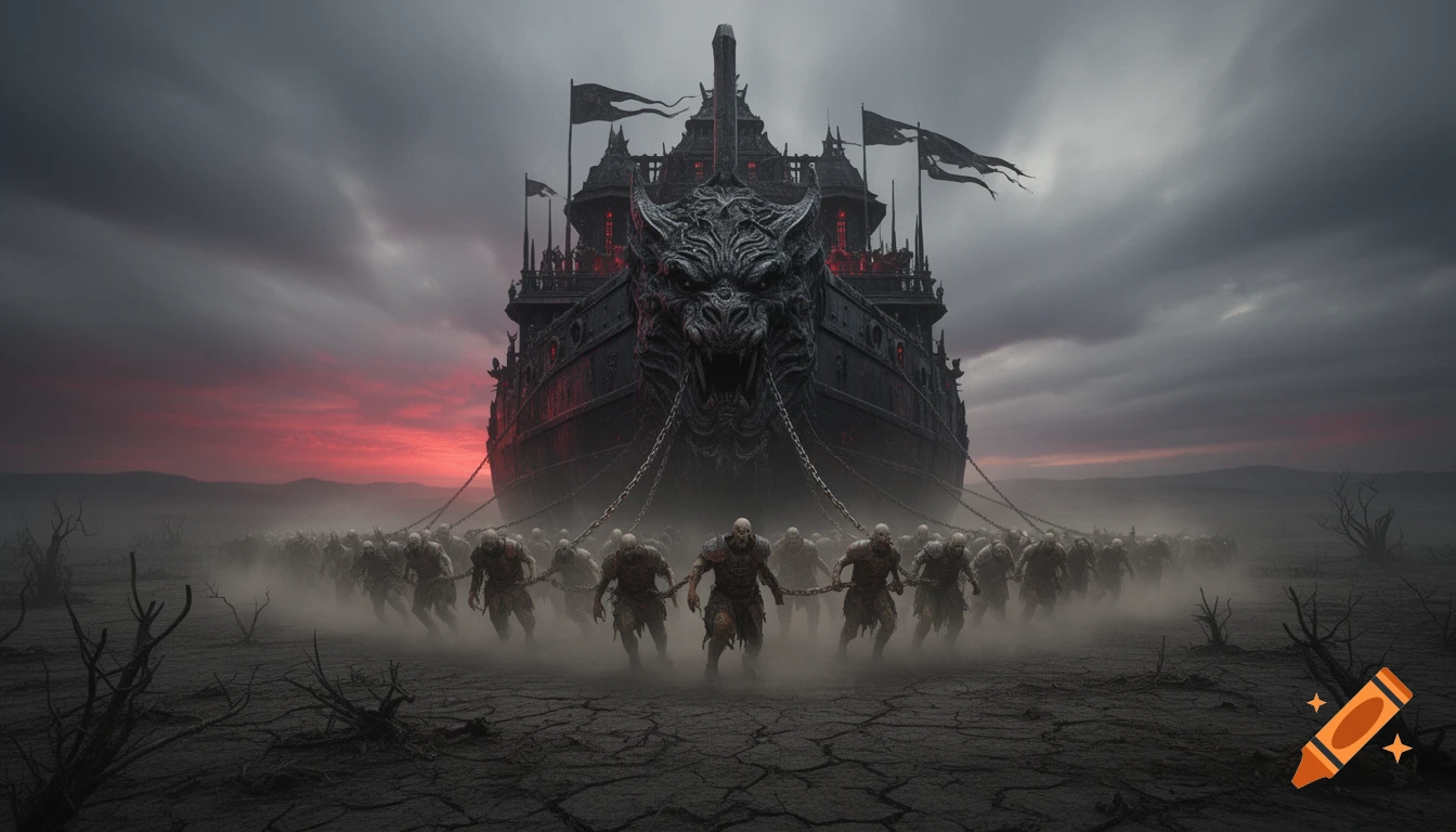 A dark, demonic land ship with a monstrous prow is pulled by an army of undead through a desolate, misty landscape under a stormy sky.