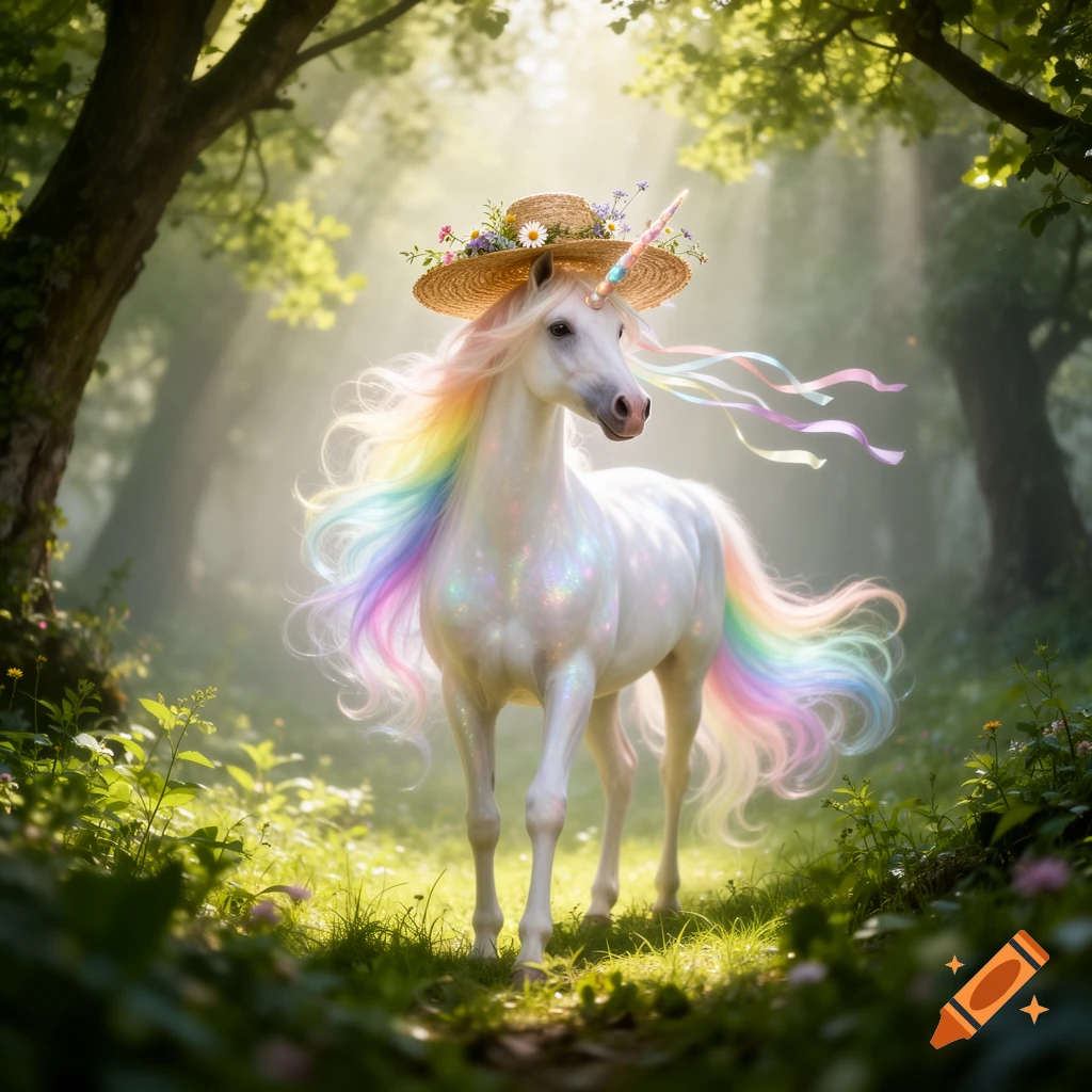 A magical white unicorn with a rainbow mane and tail, wearing a straw hat adorned with flowers, standing in a sunlit forest.
