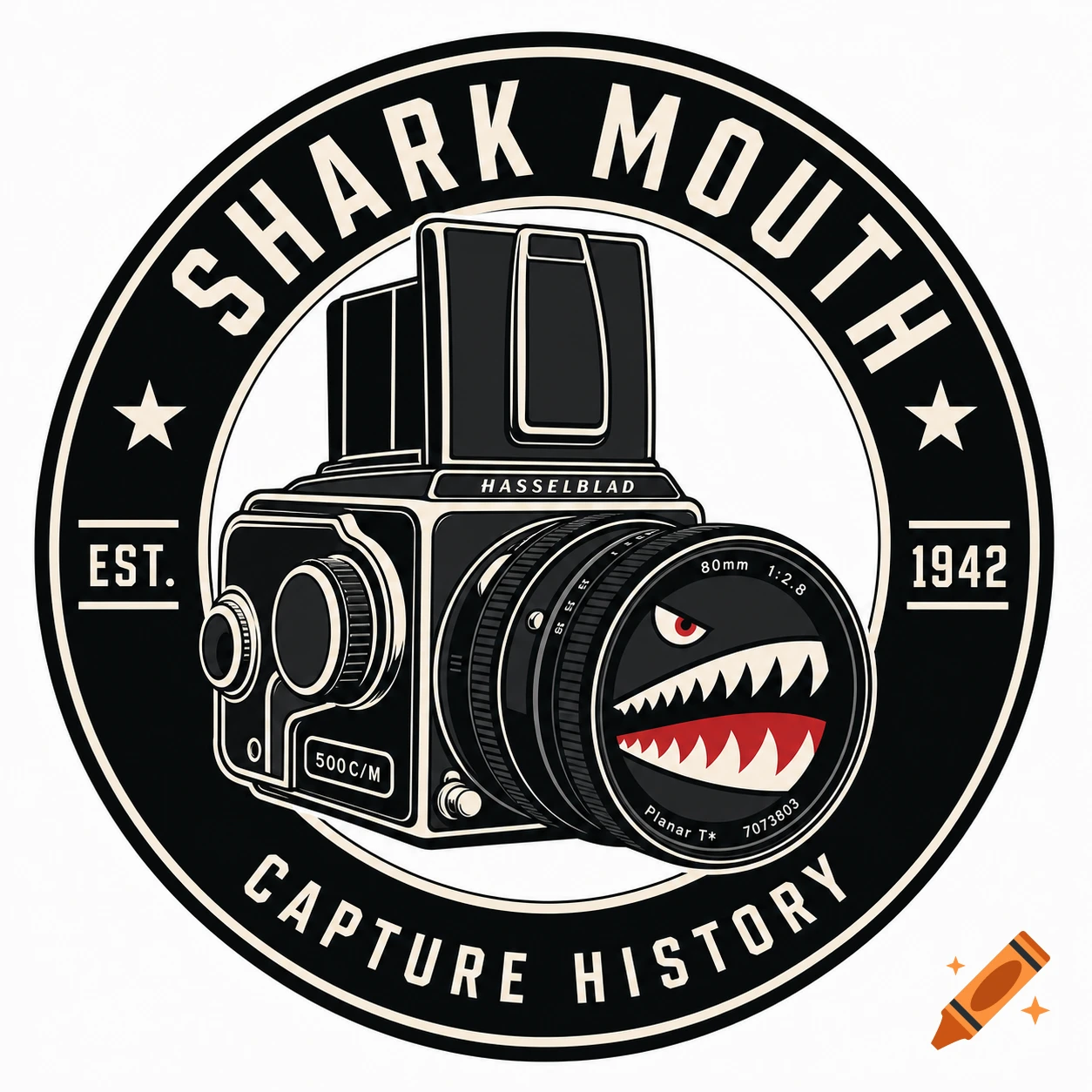 A circular logo featuring a vintage Hasselblad camera with a shark mouth design on the lens, surrounded by text.