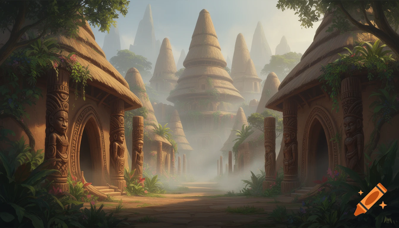 Concept art of a misty hidden African empire's capital with organic buildings, conical thatched roofs, and carved pillars amidst lush vegetation.