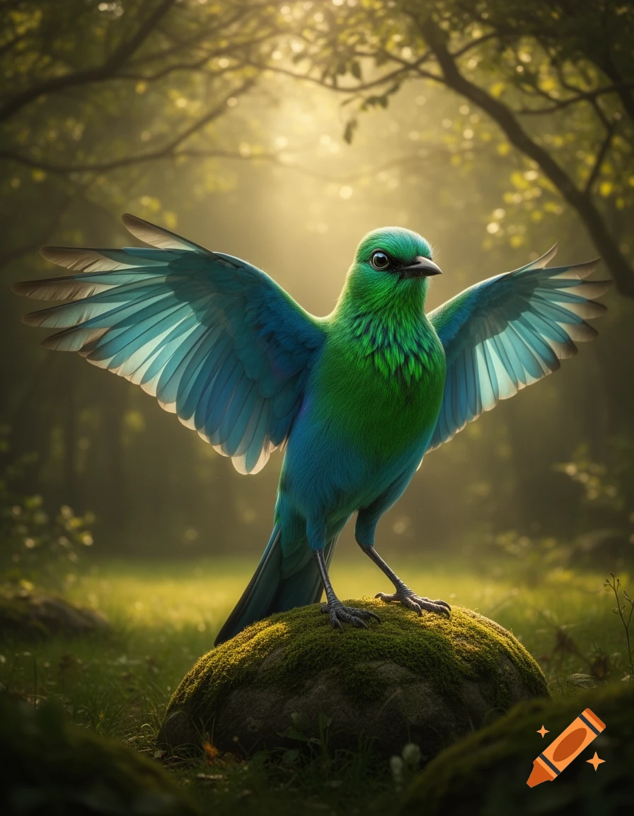 A vibrant green and blue bird with outstretched wings stands majestically on a moss-covered rock in a sunlit forest.