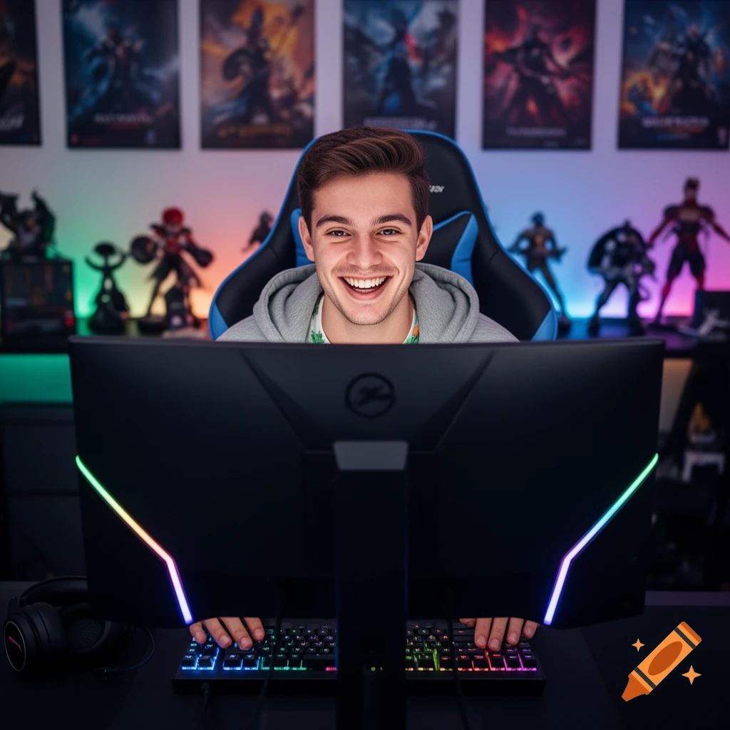 A young man smiles from behind a gaming monitor, his hands on RGB keyboards, with character posters and figures in a colorful background.