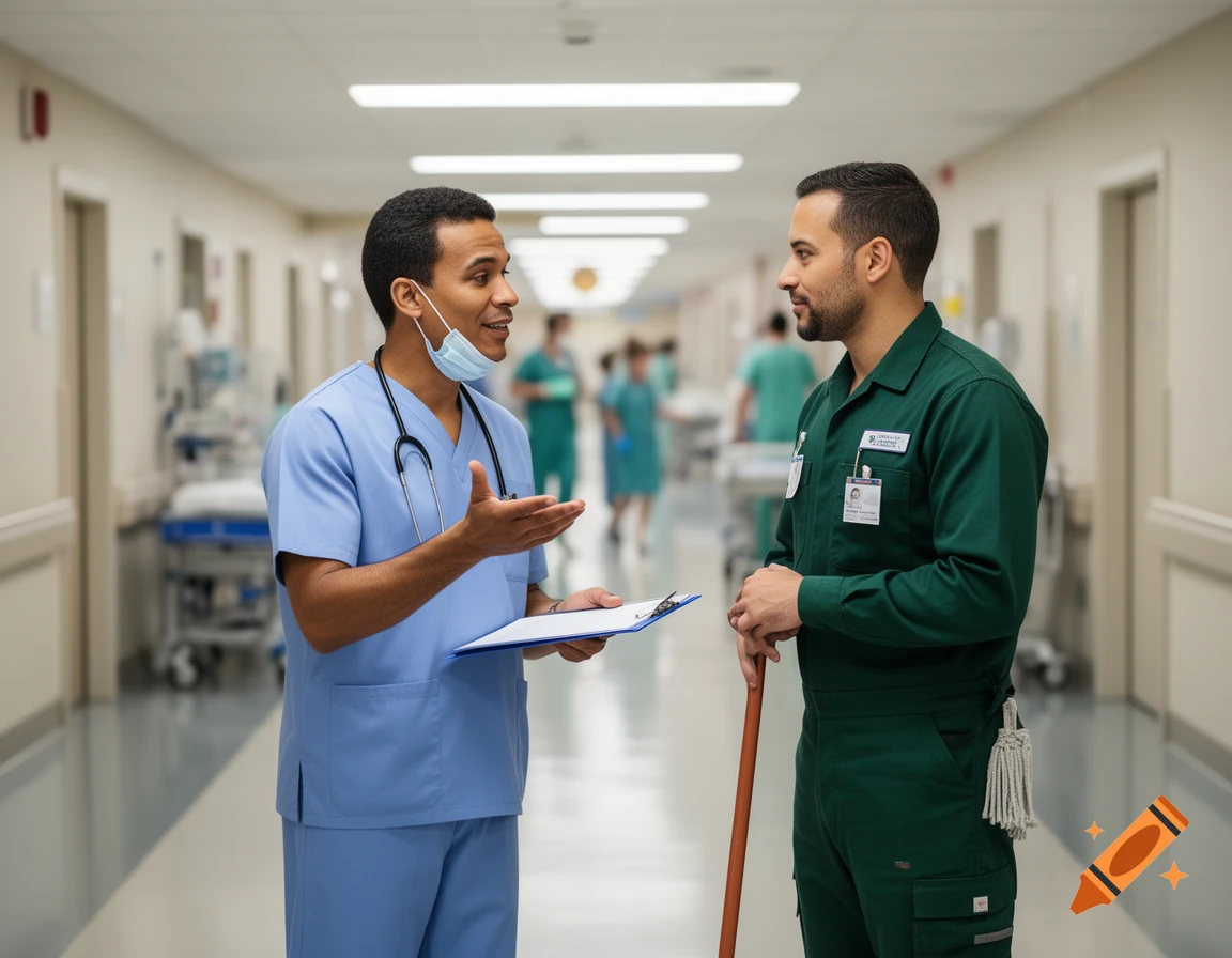 A male nurse in blue scrubs and a face mask under his chin talks to a male cleaner in a green uniform in a hospital hallway.