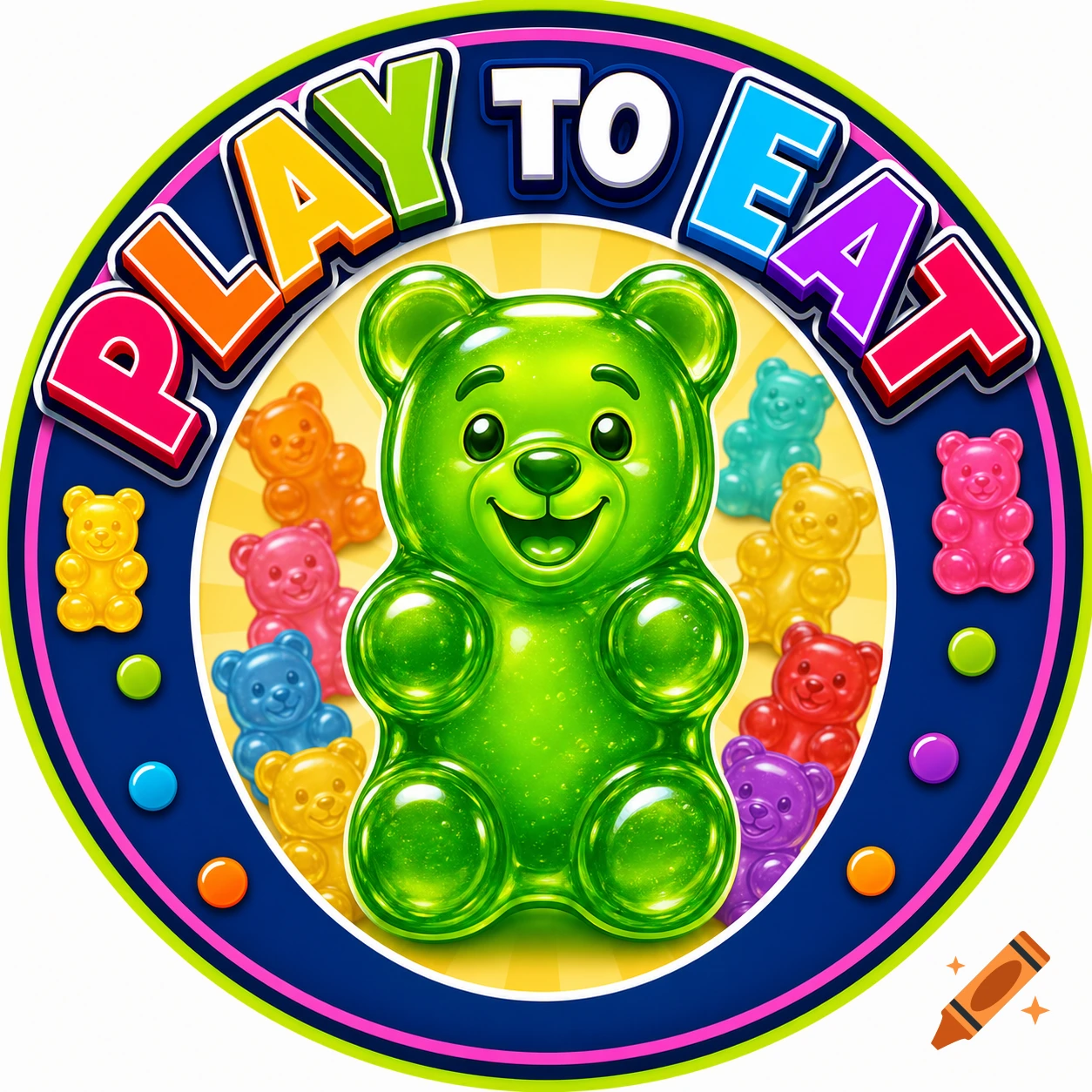 A vibrant circular logo with a large green gummy bear and colorful smaller gummy bears, featuring 'PLAY TO EAT' text.