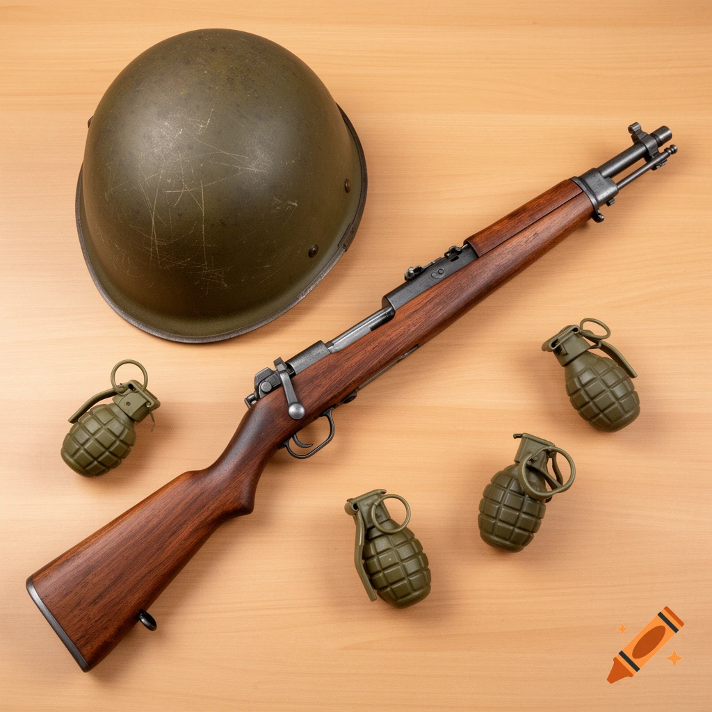 A military helmet, an M1 Garand rifle, and four grenades arranged on a light wooden surface, shot from above.