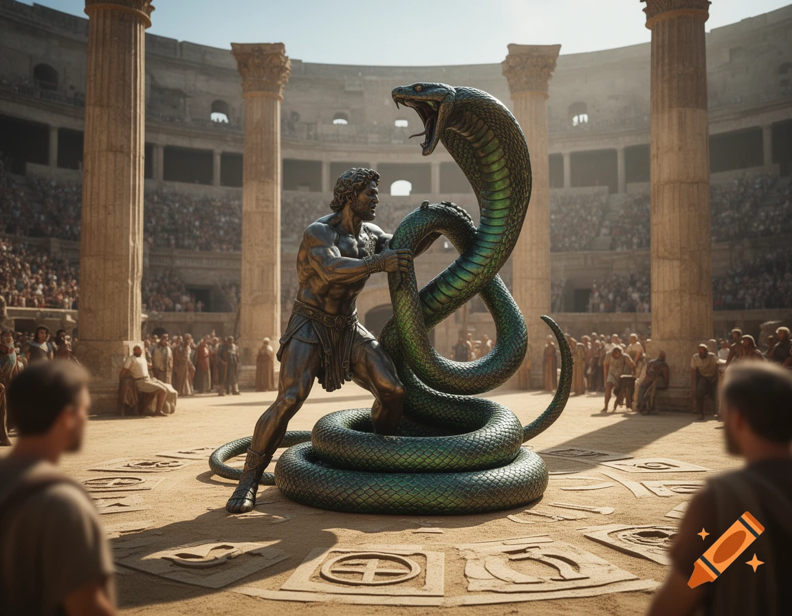 A bronze statue of Hercules grappling with a large green cobra in the center of a sunlit ancient Roman arena filled with spectators.