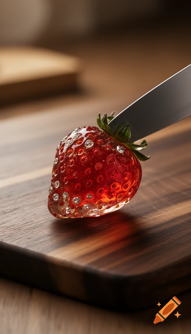 A close-up, hyper-realistic photo of a translucent glass strawberry adorned with crystals, being sliced by a sharp knife on a dark wooden cutting board.