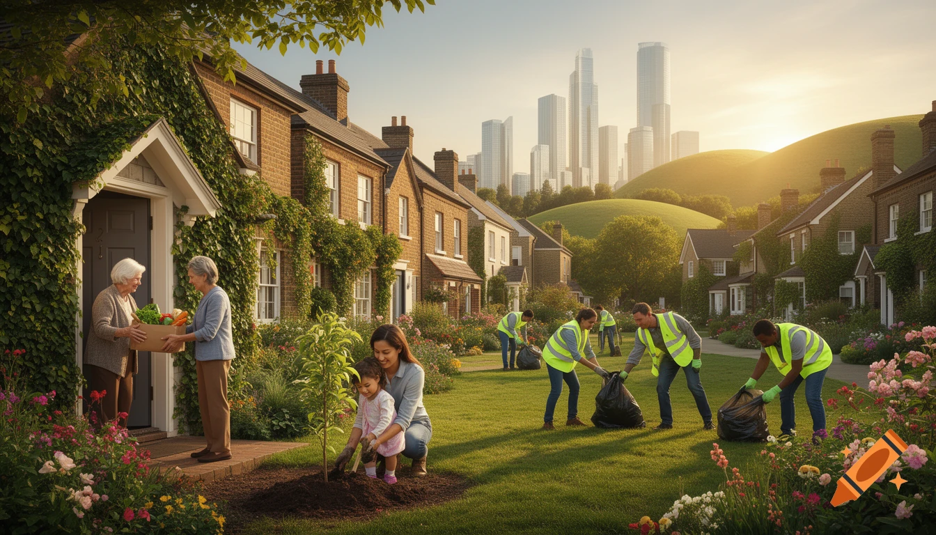 Volunteers in a lush neighborhood with a city skyline. An elderly woman receives groceries, a mother and child plant a tree, and others clean up the park.