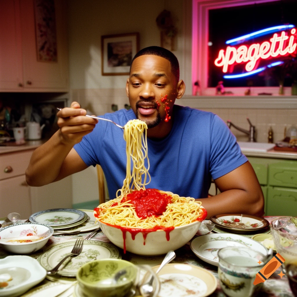 Will Smith with sauce on his face, intently eating a giant bowl of spaghetti, with a neon 'spagetti' sign in the background.