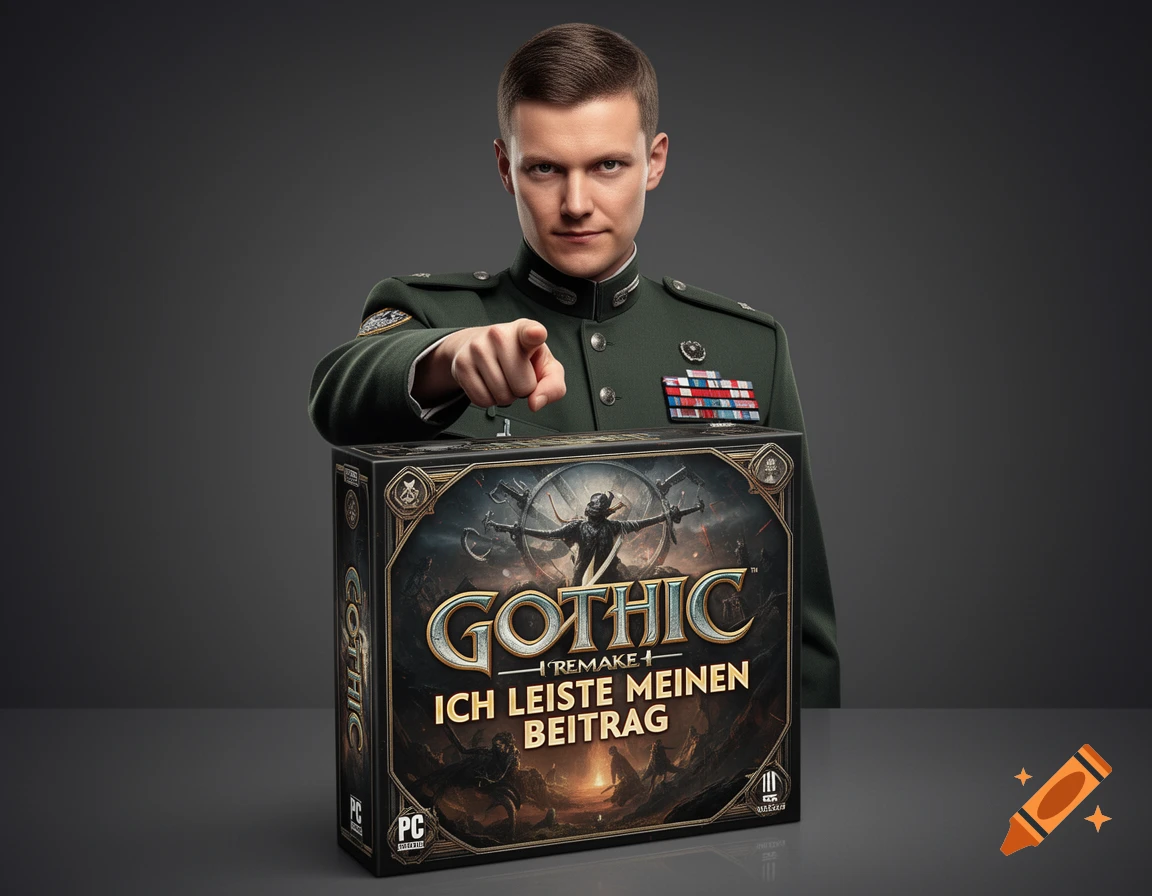 A man in a military uniform points at a 'Gothic Remake' video game box with 'ICH LEISTE MEINEN BEITRAG' text, in a photorealistic style.