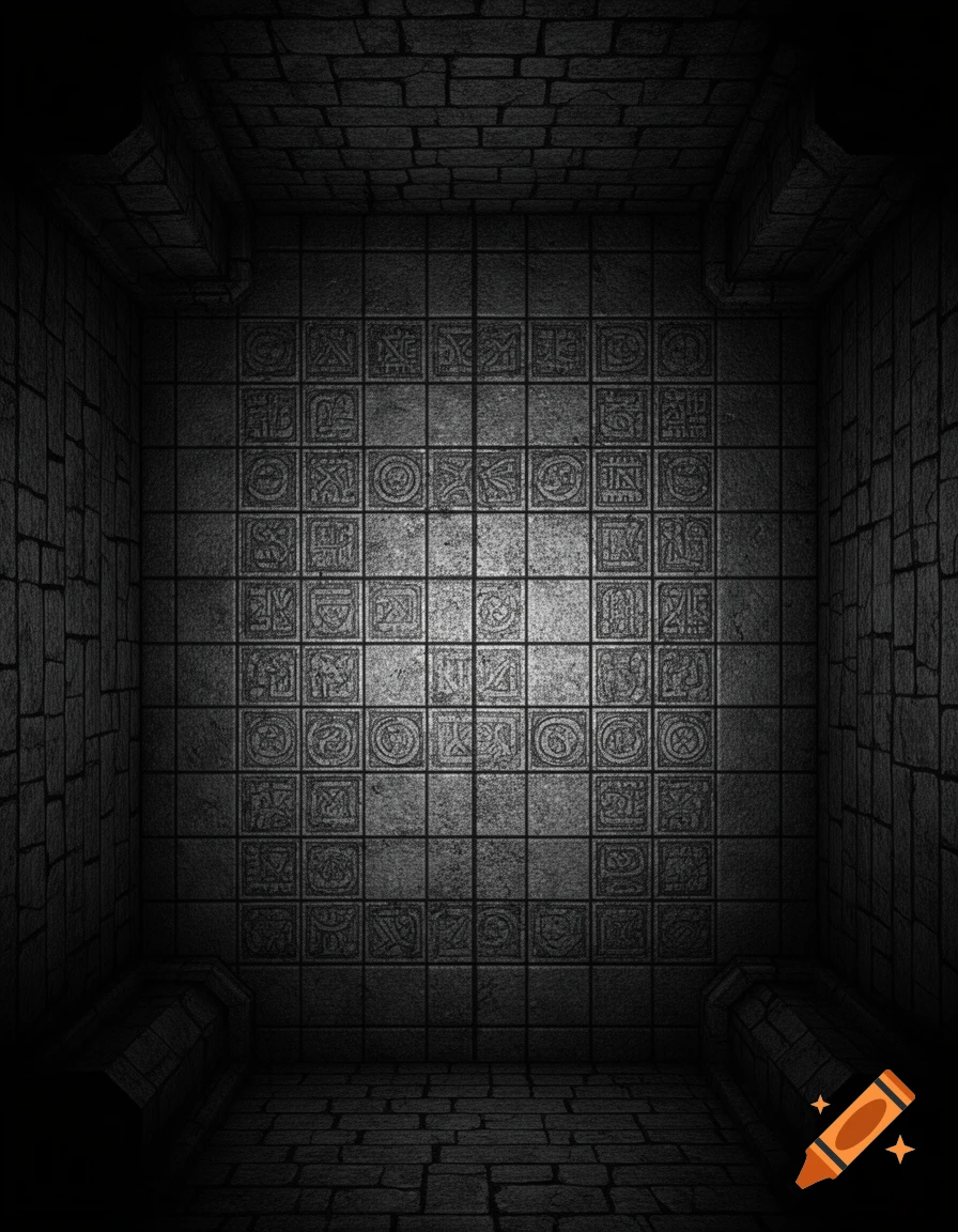 A top-down view of a dark stone dungeon room with rough brick walls and a tiled floor featuring carved ancient symbols.