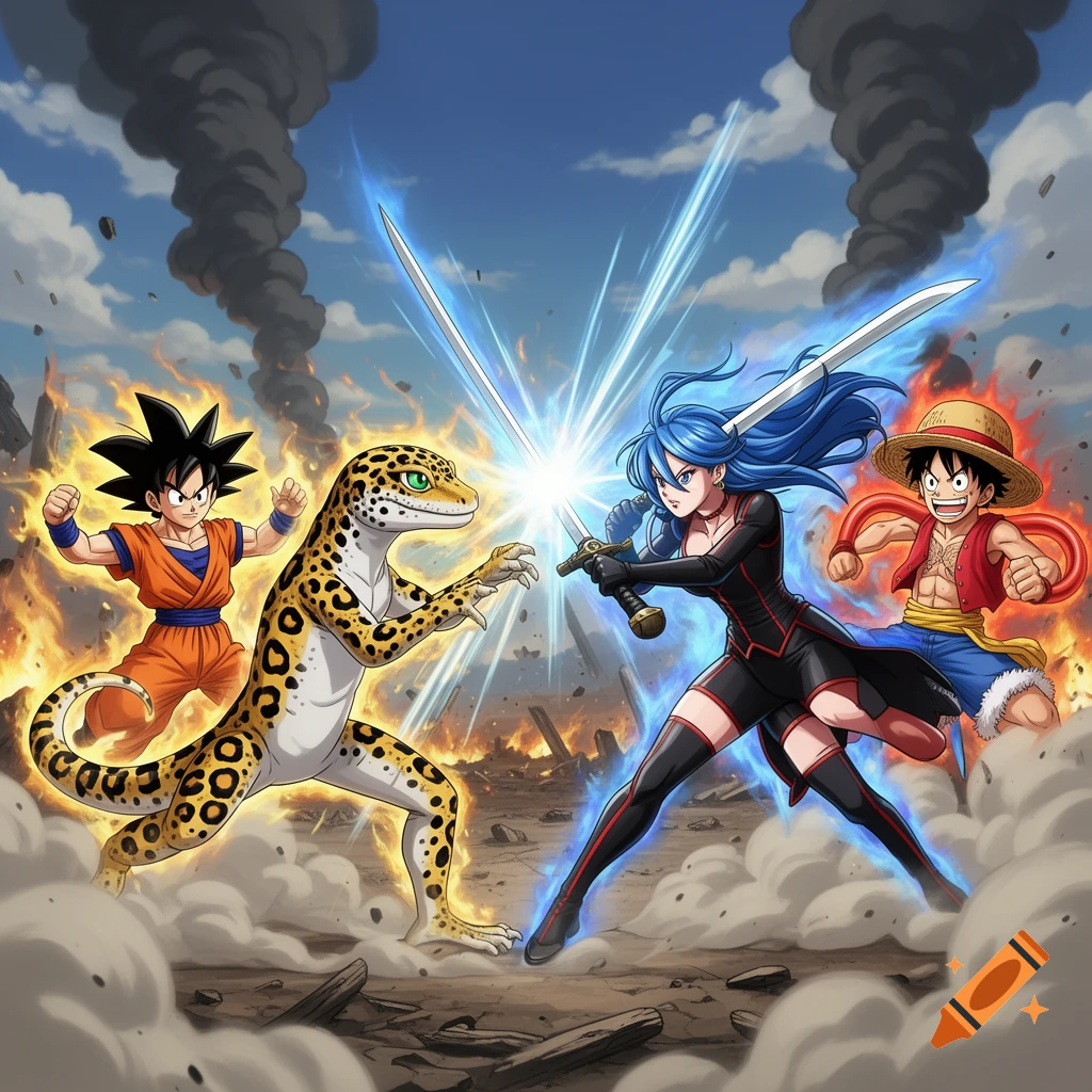 Anime characters Son Goku and Monkey D. Luffy with a blue-haired woman and a leopard gecko battle amidst fire and smoke.