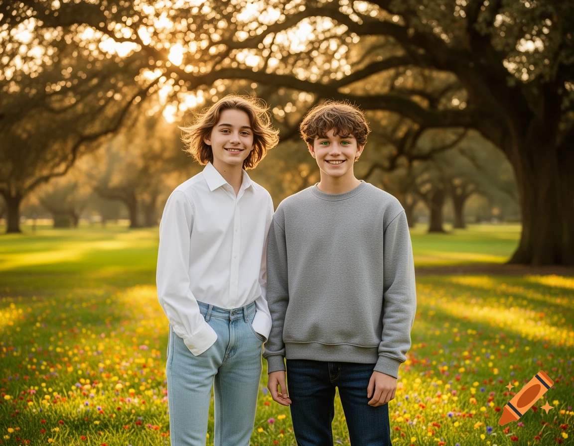 Two smiling young people, a girl and a boy, stand in a sunny park with large trees and a field of colorful wildflowers.