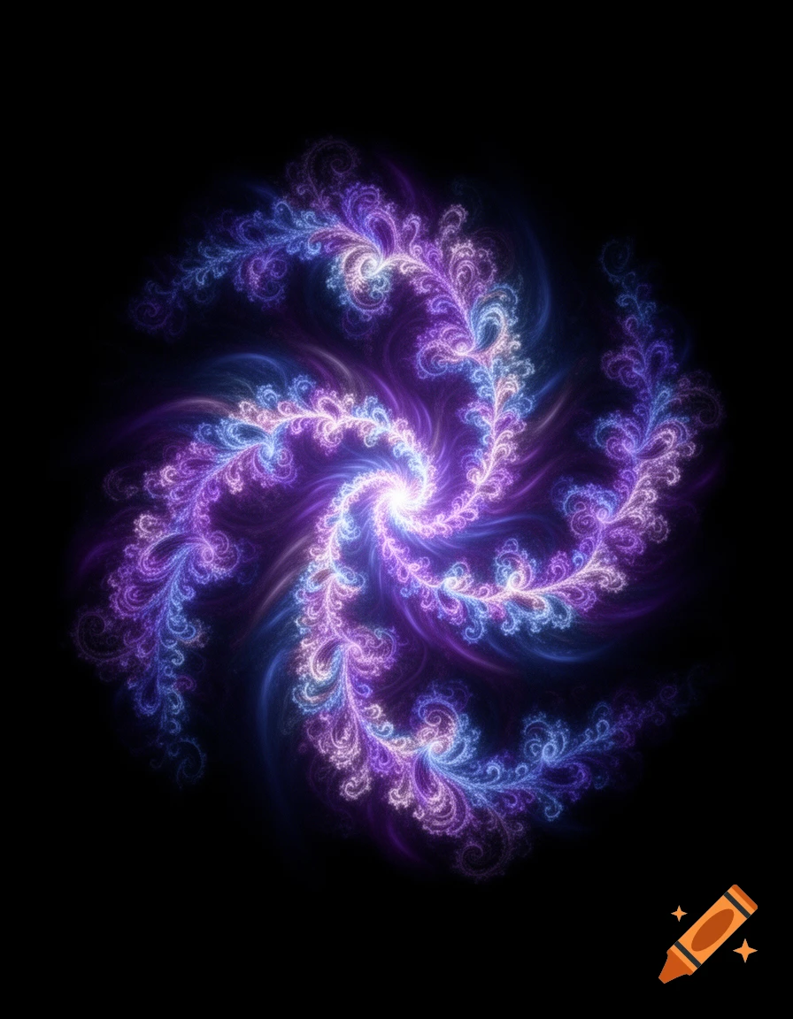 A vibrant blue and purple glowing fractal pattern spirals outward from a bright center on a black background.