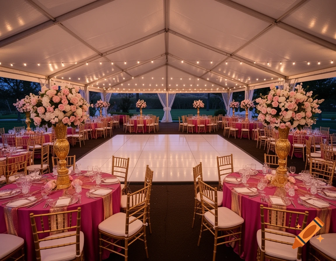 An elegant empty celebration tent with pink and gold tables, floral centerpieces, a dance floor, and string lights at dusk.