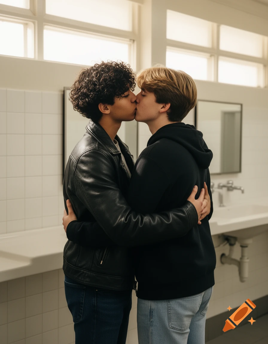 Two young men, one with curly dark hair and a leather jacket, the other with blond hair and a black hoodie, share a tender kiss in a bright school bathroom, leaning against the sinks.