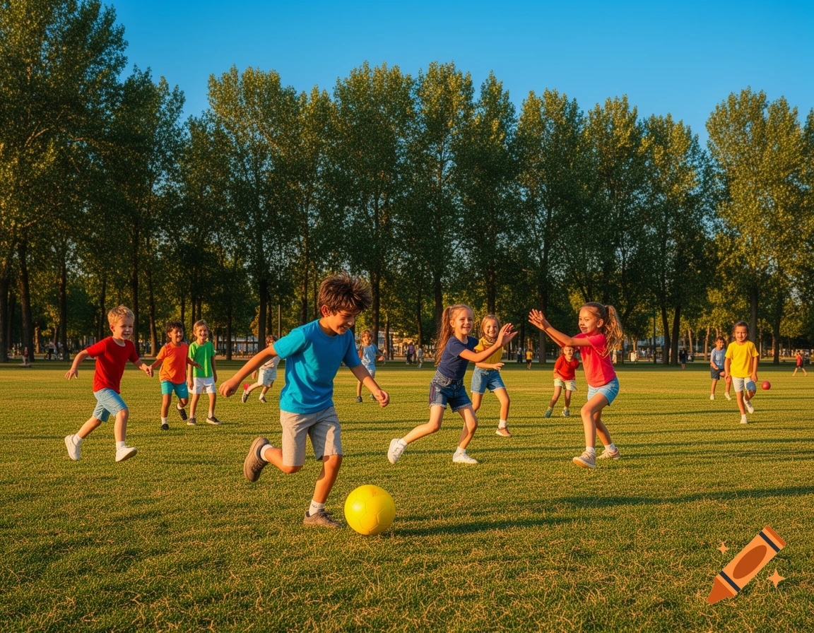 A group of diverse children playing soccer in a grassy park under a clear blue sky on a sunny day.