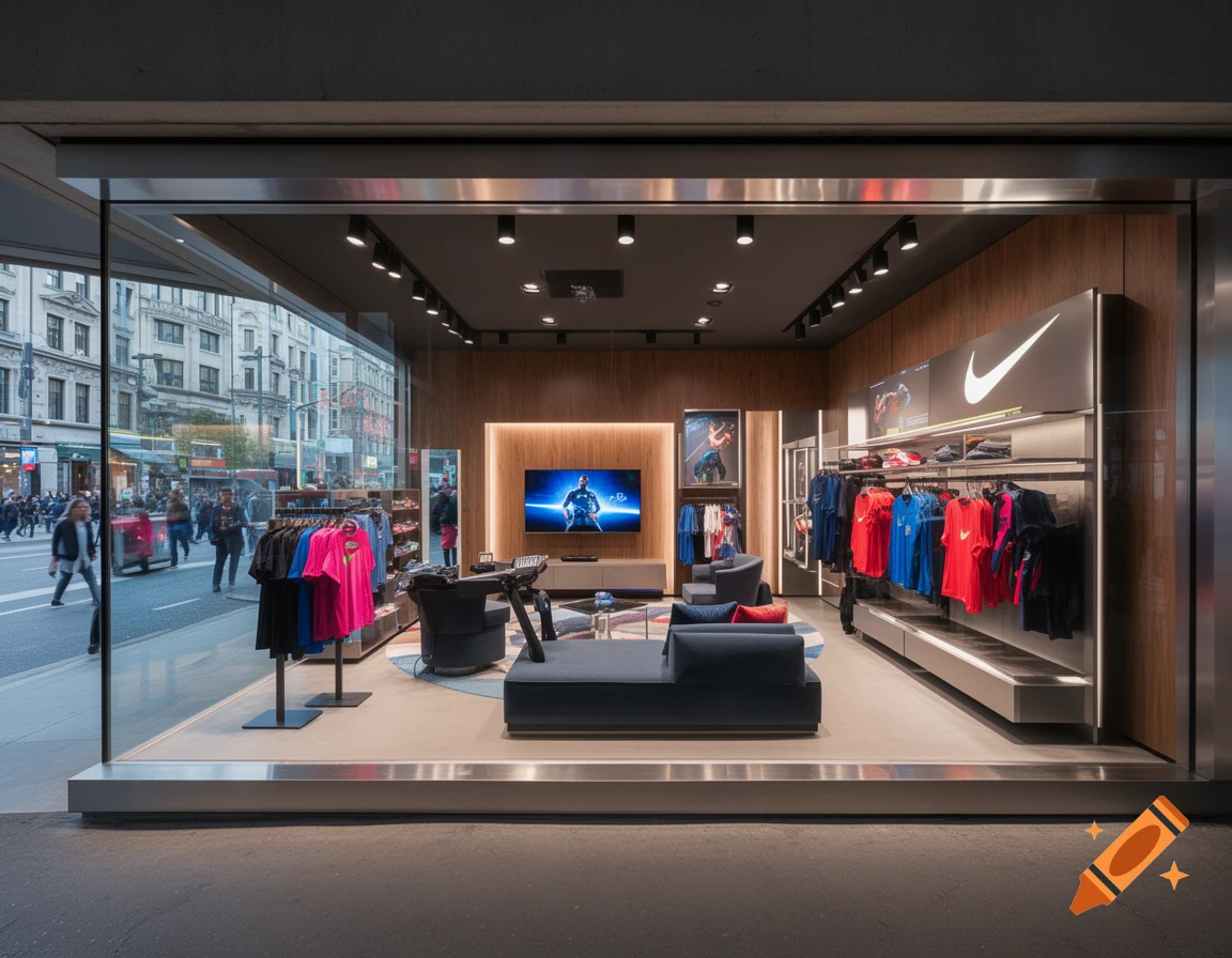 A modern Nike clothing store interior with a large glass window overlooking a city street, featuring racks of colorful apparel, a lounge area with a TV and gaming setup, and the Nike logo prominently displayed.
