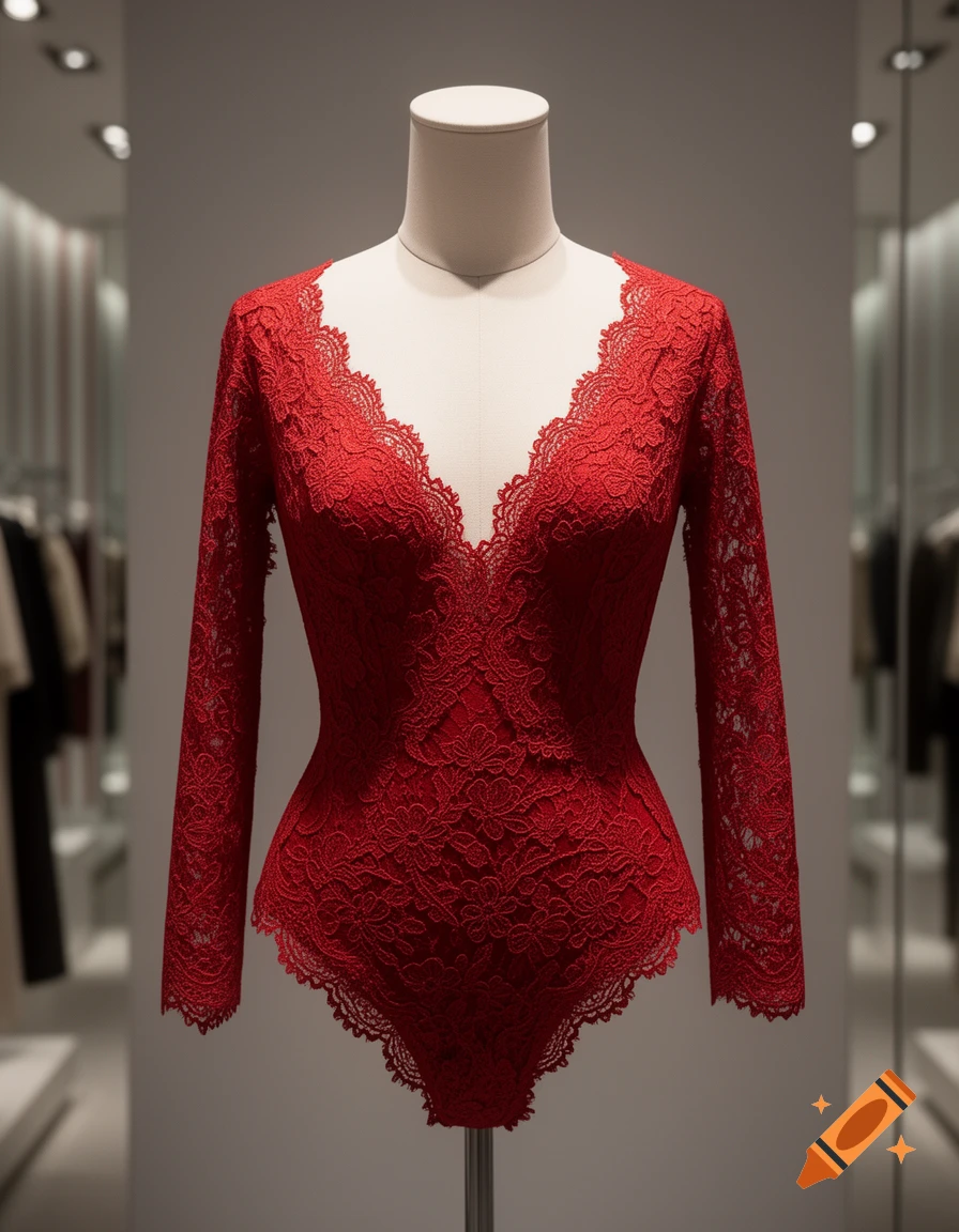 A red lace long-sleeve bodysuit on a white mannequin in a store window display, with blurred interior background.