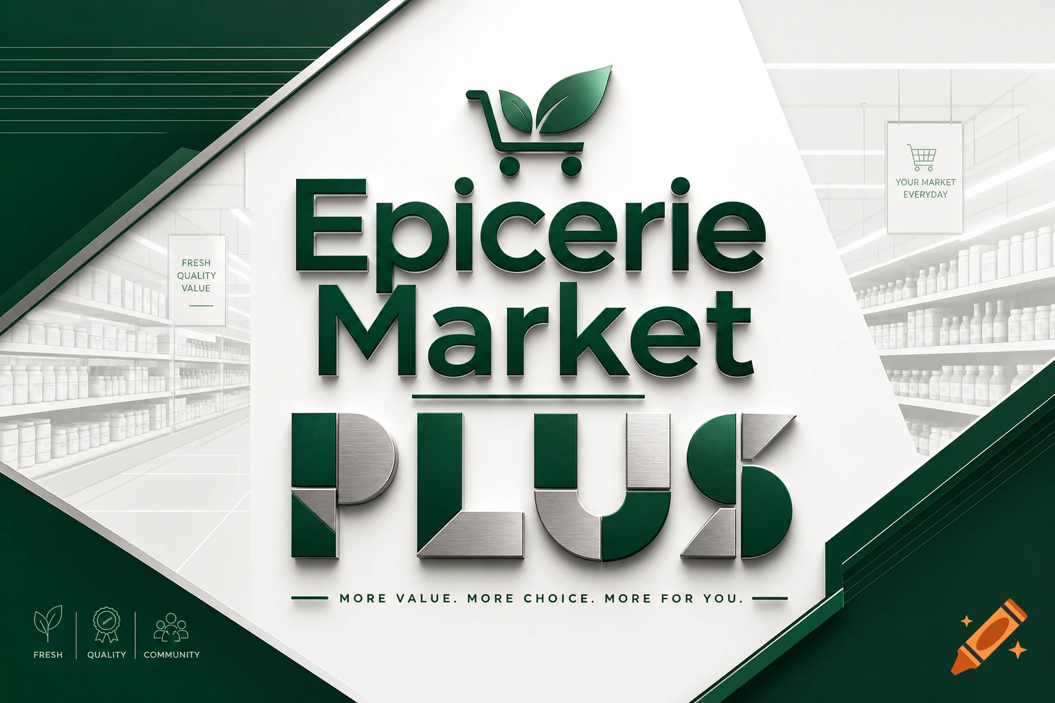 A modern green and white logo for 'Epicerie Market PLUS' with a shopping cart icon and abstract grocery store aisles in the background.