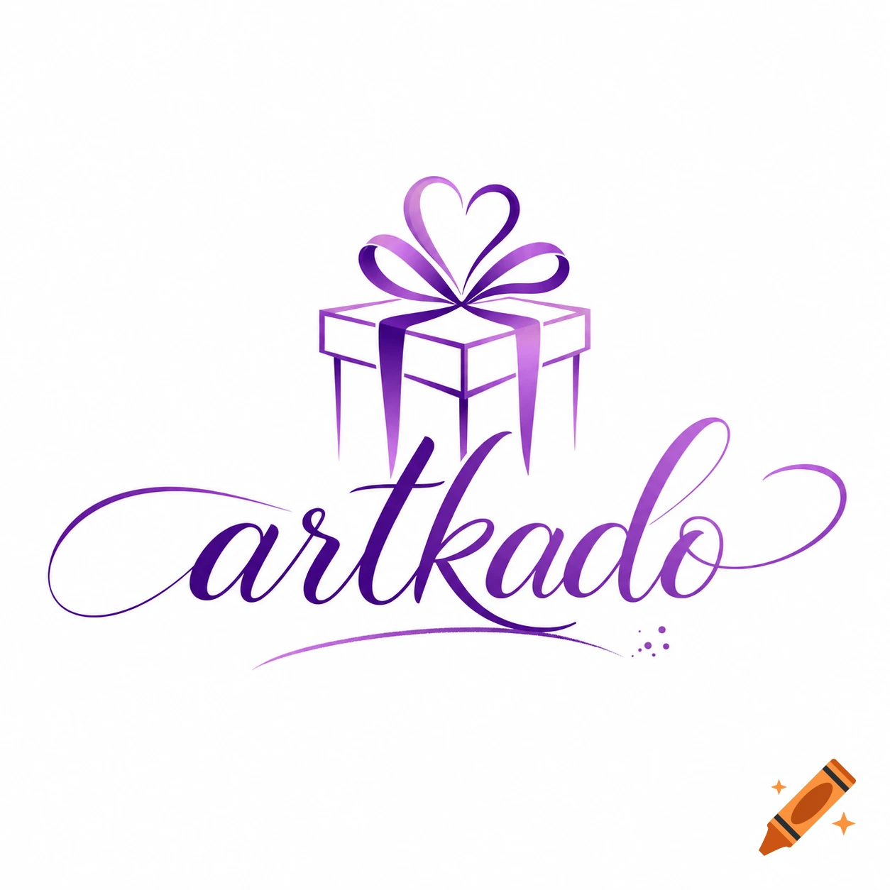 Gradient purple logo for 'artkado' with a gift box and a heart-shaped ribbon.