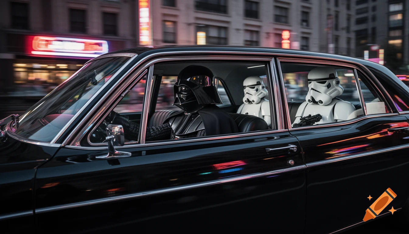 Darth Vader drives a black car with two Stormtroopers as passengers, speeding through a city at night with neon lights blurring in the background.