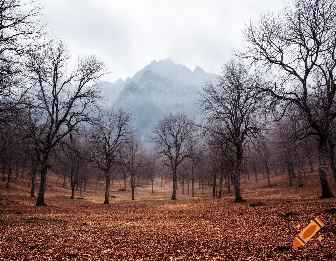 A moody, barren forest with leafless trees and a ground covered in brown leaves, leading to misty mountains under a cloudy sky.