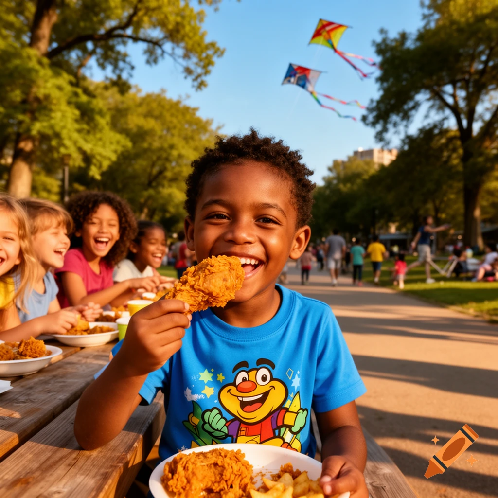 A smiling Black boy holds a piece of fried chicken, sitting at a picnic table with other laughing children in a sunny park with kites flying.