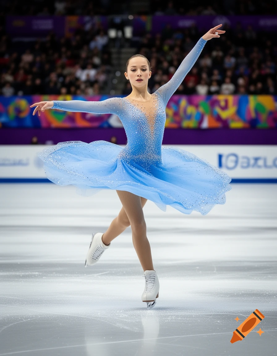 A female figure skater in a sparkly blue dress performs an arabesque on an ice rink during a competition.