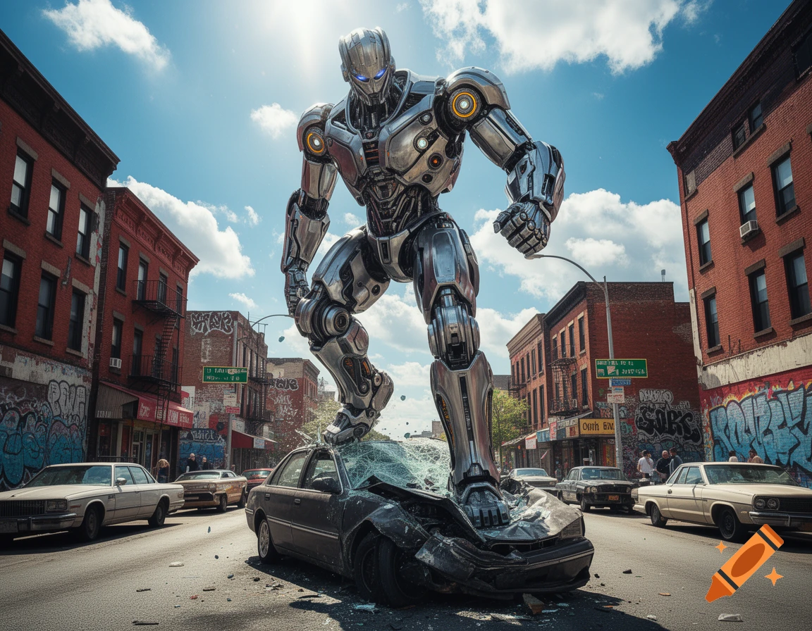 A giant metallic robot stomps on a car on a sunny city street, with brick buildings and a blue sky.