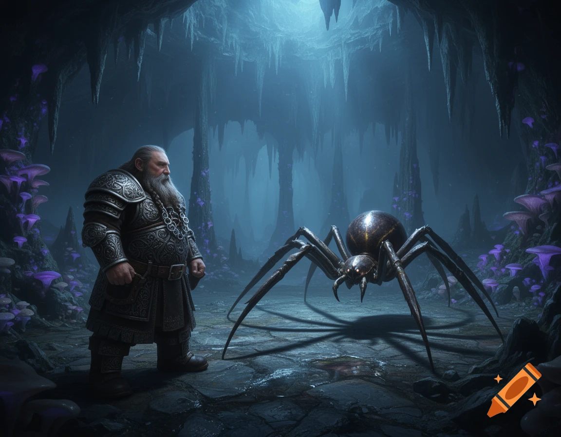 A muscular dwarf in ornate armor stands before a large, dark spider in a dimly lit fantasy cave with glowing purple mushrooms.