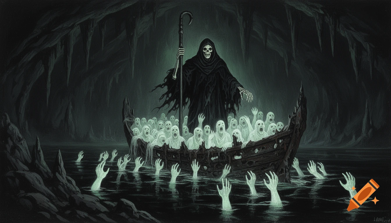 A dark fantasy pastel painting of Charon ferrying wailing ghostly souls across the River Styx in a shadowy cavern, glowing hands reaching from the water.