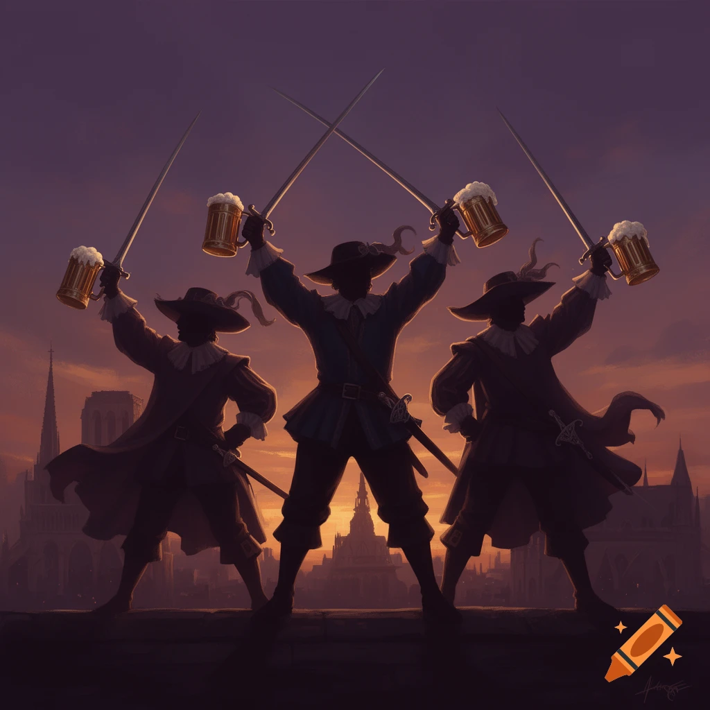 Three musketeer-like silhouettes raise swords and beer mugs against a dramatic sunset cityscape.