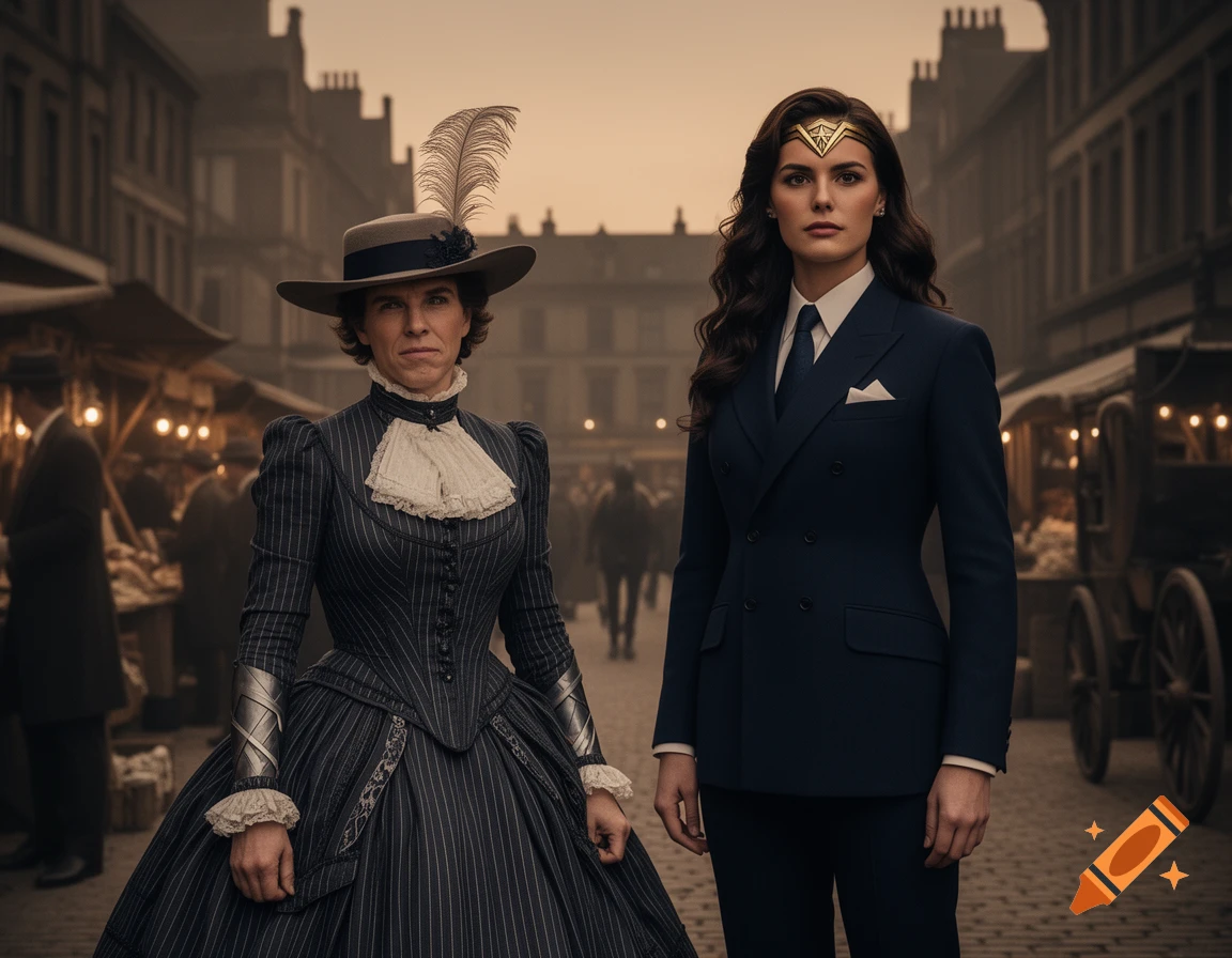 Two serious women stand in a historical street market, one in a pinstriped Victorian dress and feathered hat, the other in a dark suit and tiara.