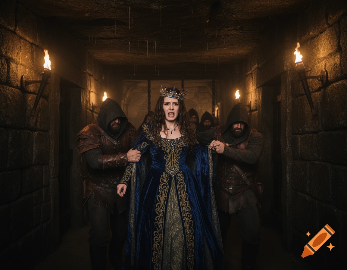 A medieval queen in a blue gown and crown looks distressed as two hooded figures lead her through a torch-lit stone dungeon.