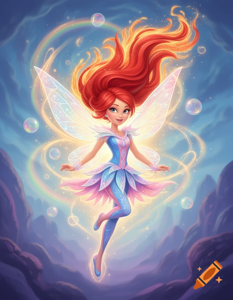 A vibrant cartoon-style illustration of a red-haired fairy with glowing wings and a colorful dress, floating in a magical sky with bubbles and a rainbow.