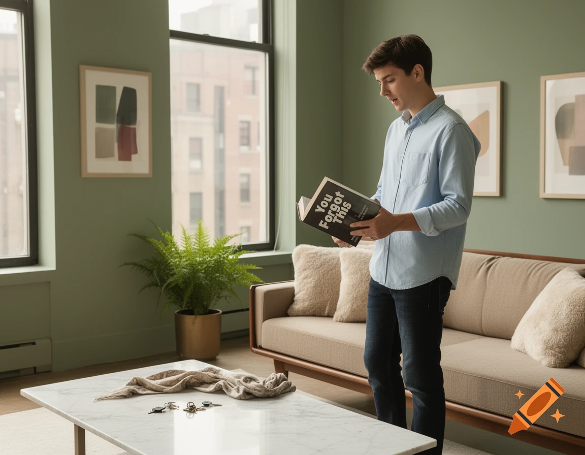A young man stands in a modern living room, reading a book titled 'You Forgot This'.