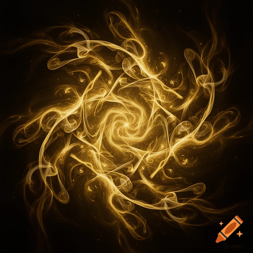 Golden swirling smoke and glowing particles form an intricate abstract fractal design on a black background.